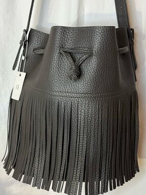 Pretty Persuasion Fringe Faux Leather Bucket Bag - Dark grey.